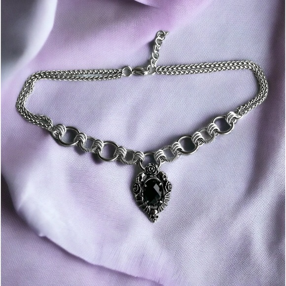 stainless steel necklace double wheat chain onyx stone rose & skull charm - Picture 6 of 13